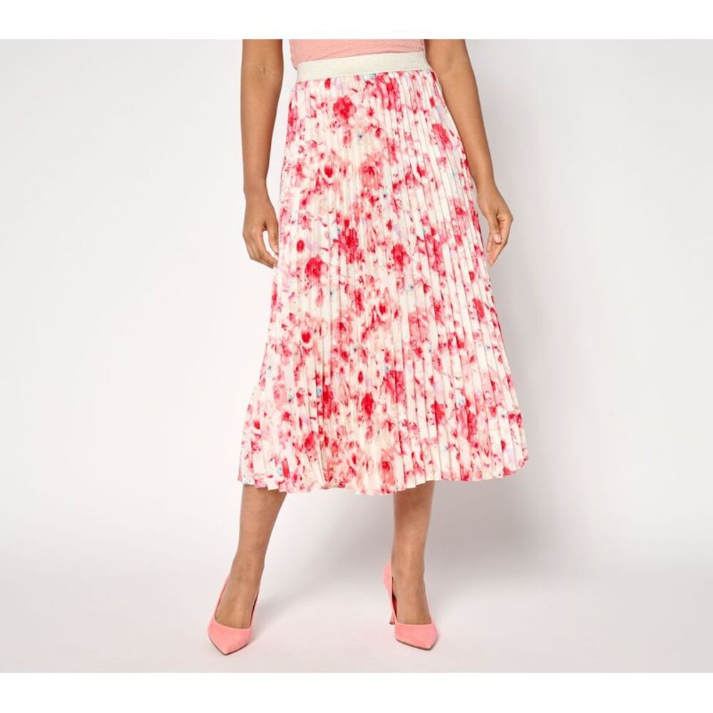 Truth + Style Women's Petite Skirt PL Printed Satin Twill Pleated Pink A684114
